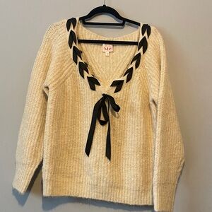 So Me Women's V-Neck Sweater in Cream with Black Accents